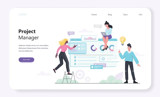 Project management web banner concept. Idea of business plan and strategy. Marketing analysis and development.  illustration 
