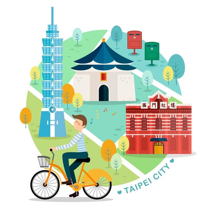 Vector promosi kota taipei dengan kata-kata cina the redhouse tertulis di gedung merah