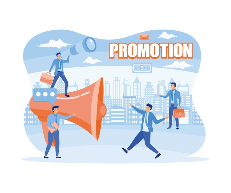 Vector promoters speak with big megaphones and attract buyers investors and entrepreneurs advertising marketing promotion concept flat vector modern illustration