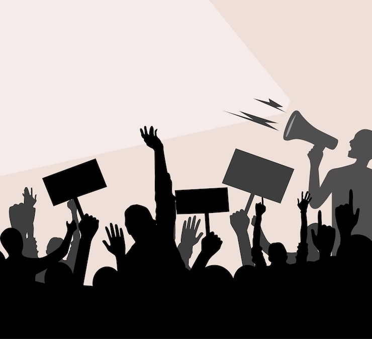 Vector protester crowd, silhouettes of people with banner and loudspeaker, protest illustration.