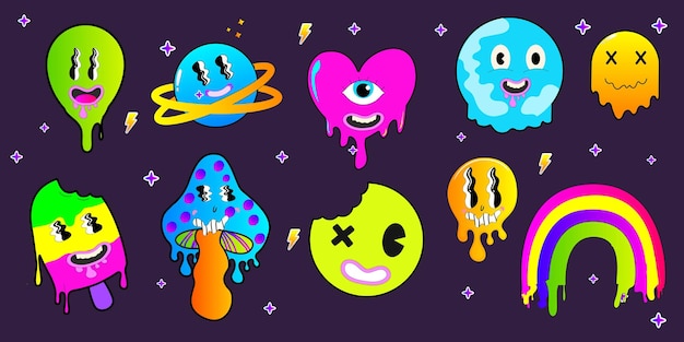 Psychedelic cartoon sticker set Funny faces with distorted eyes and vibrant colors