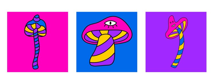 Psychedelic mushrooms set. Hallucination mushrooms vector illustrations. Doodle crazy mushrooms. Tri