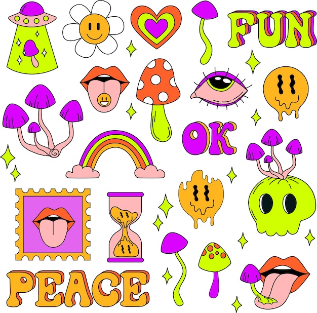 Psychedelic sticker Cartoon abstract groovy comic funny emoji characters Vector illustration set