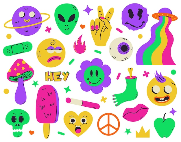 Psychedelic surreal abstract neon stickers and funny cartoon elements. Surreal heart, flower, skull emoji symbols vector illustration set. Neon hallucination characters