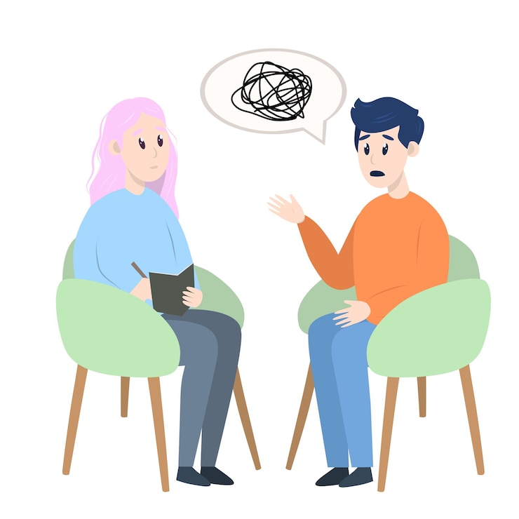 Psychotherapy session man talking to psychologist sitting on chair mental health concept vector