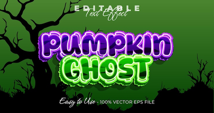 Vector pumpkin ghost typography 3d halloween editable text effect