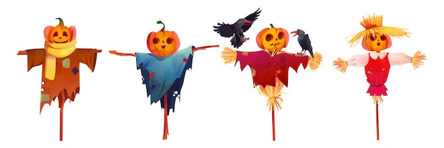Pumpkin scarecrows set isolated on white