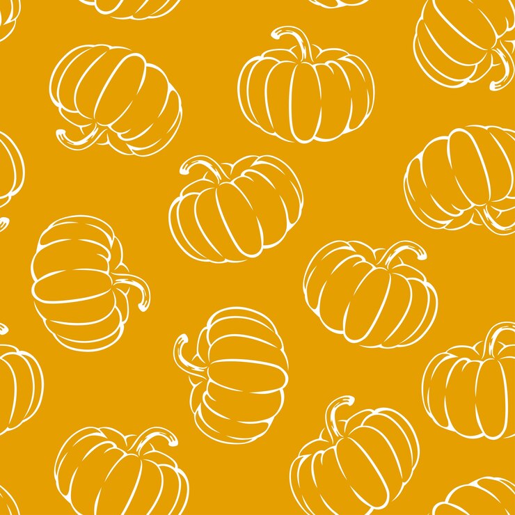 Vector pumpkins on orange background seamless pattern.