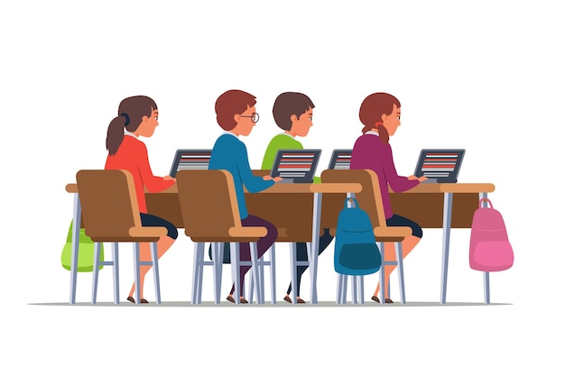 Pupils in classroom children sitting at desks University college education students using laptops wearing uniform