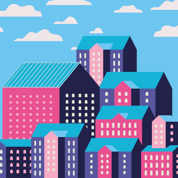Vector purple blue and pink city buildings landscape with clouds design