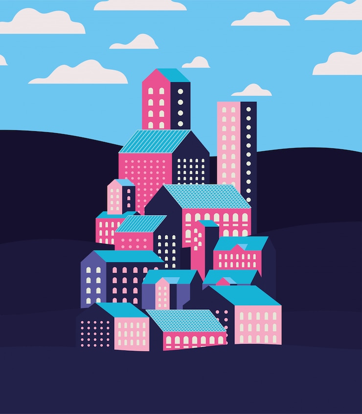 Vector purple blue and pink city buildings landscape with clouds  