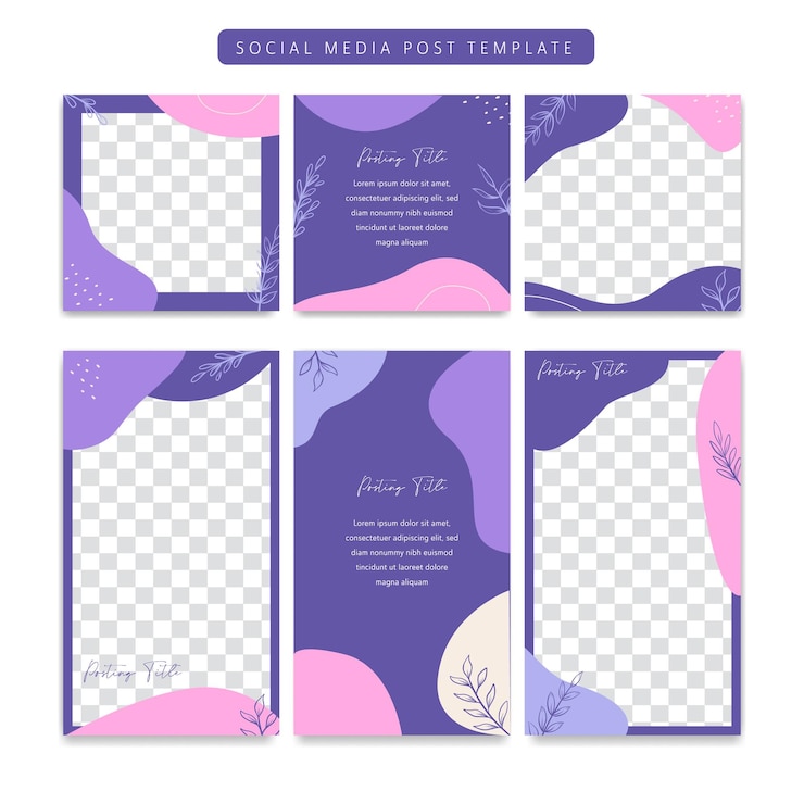 Vector purple violet aesthetic elegant floral rustic abstract style instagram social media background post and story posting template set
