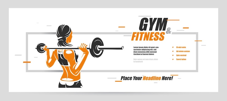 Vector push the barbell gym and fitness vector advertising flyer young attractive woman doing workout exercises with a barbell perfect muscular athletic body young adult girl sport training banner