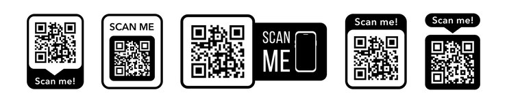 Qr codes with scan me inscription with phone. Qr code for payment, e-wallet, web, package.