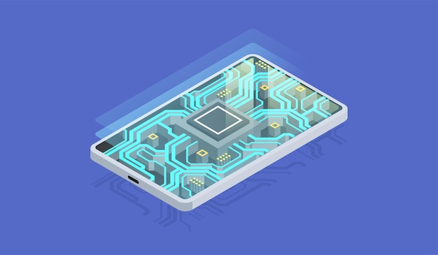 quantum phone, big data processing, database concept. digital chip, modern hardware of smartphone, isometric illustration.