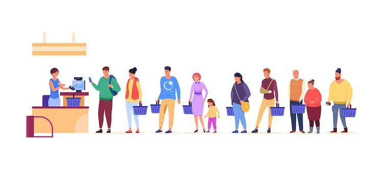 Vector queue store customers standing people at counter cashier in supermarket waiting man paying cash purchase register grocery shop cartoon customer line