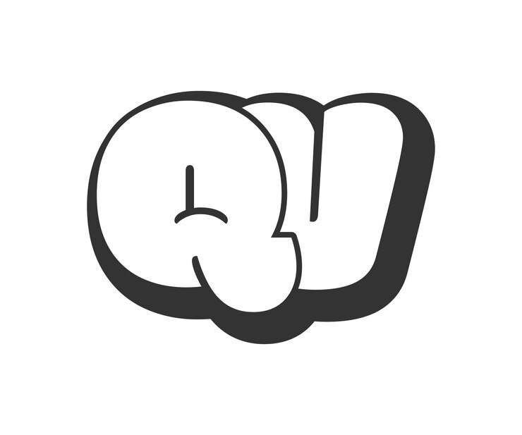 Vector qv logo bubble comic lettering rounded in graffiti style black and white silhouette trendy preschool q and v letter text for festival party personal initials children funky print and web