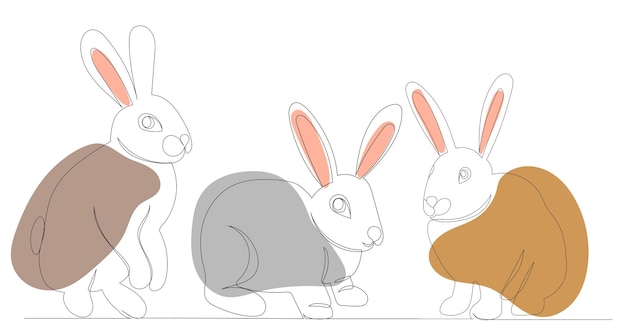 Rabbits drawing in one continuous line isolated vector