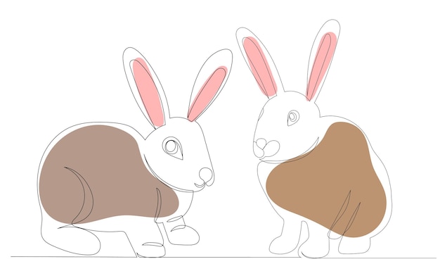 Rabbits drawing in one continuous line isolated vector