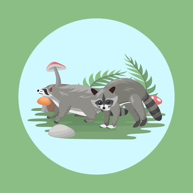 Raccoon Animal Couple Flat Vector Colorful with Nature Background Elements