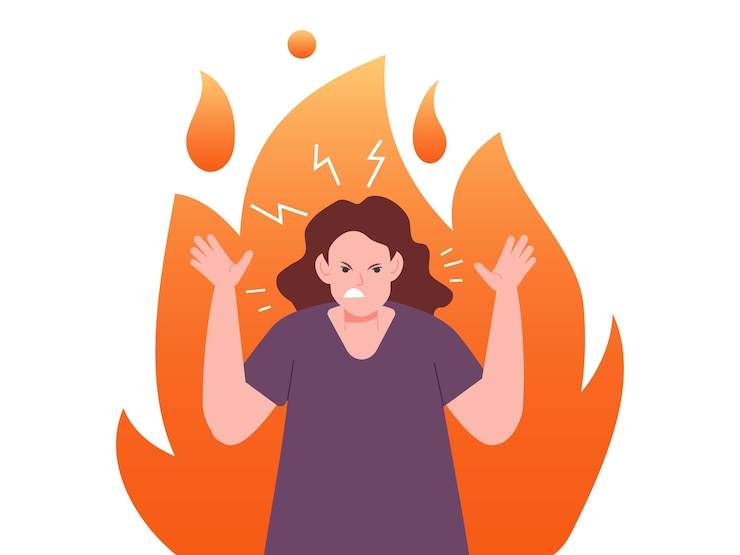 Vector rage girl furious crazy woman in fire outburst angry scream adolescent puberty trouble mad yell teenager face profile anger expressing frustrated lady scream vector illustration