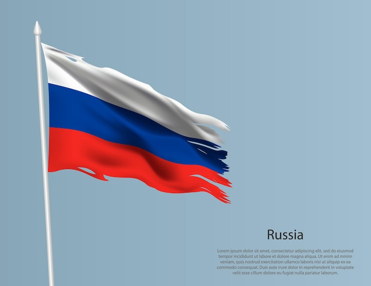 Vector ragged national flag of russia wavy torn fabric on blue background realistic vector illustration