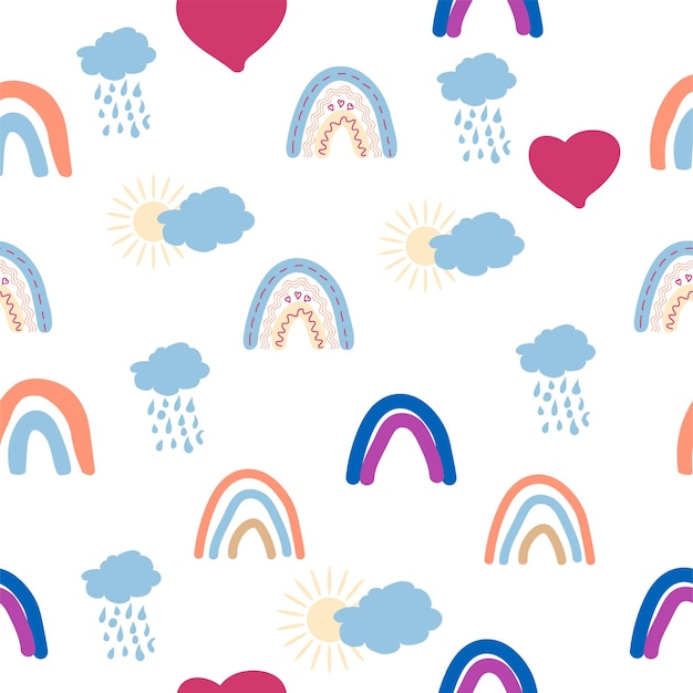 Rainbow seamless pattern in pastel colors Scandinavian baby hand drawn illustration perfect for textiles