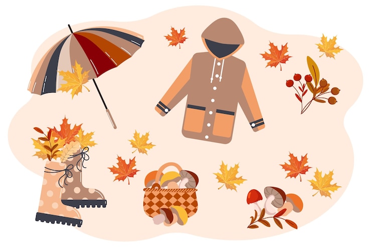 Vector raincoat, rubber boots, a basket with mushrooms and an umbrella on a background with autumn leaves
