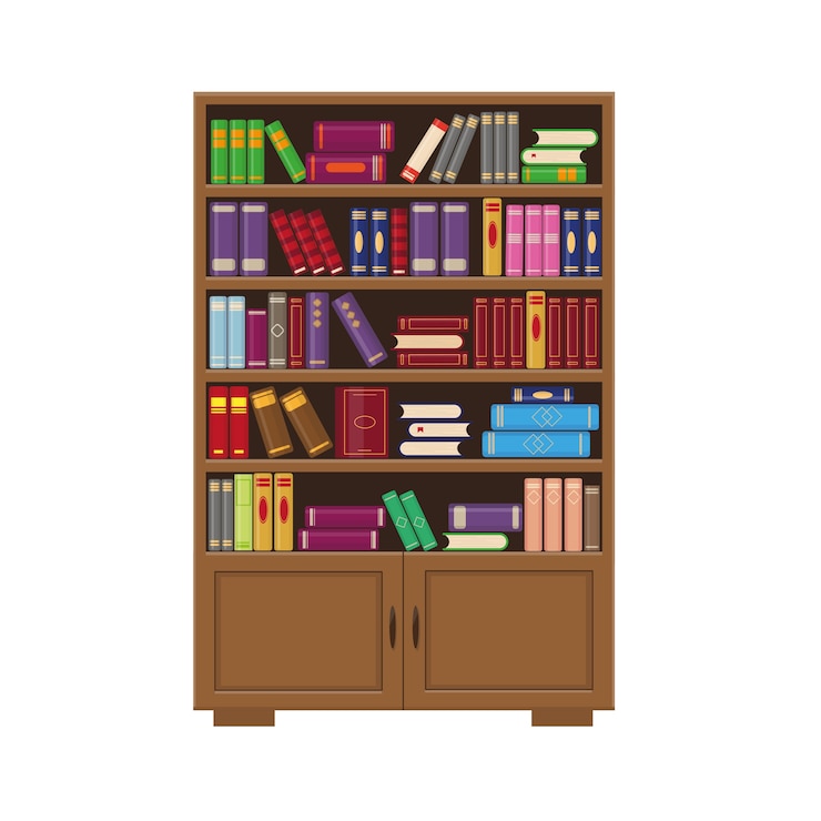 Vector rak buku kayu cokelat dengan buku-buku. ilustrasi untuk perpustakaan, pendidikan, atau konsep toko buku.