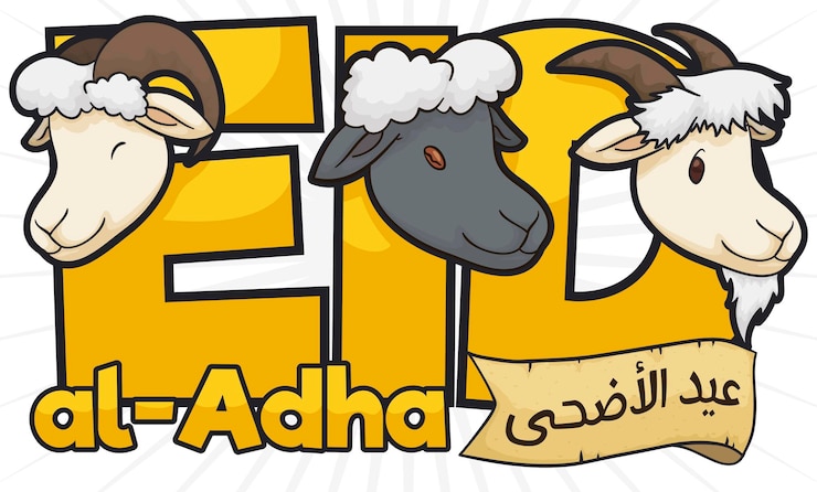 Vector ram sheep goat and scroll promoting eid aladha festival in cartoon style