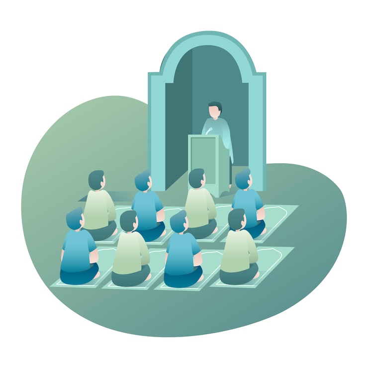 Vector ramadan illustration with peoples sit and listening lecturer speaking inside mosque