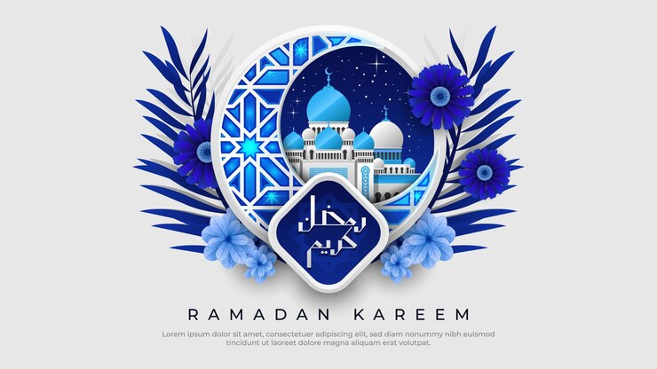 Ramadan Kareem dengan Bulan Sabit Biru Indah dan Masjid