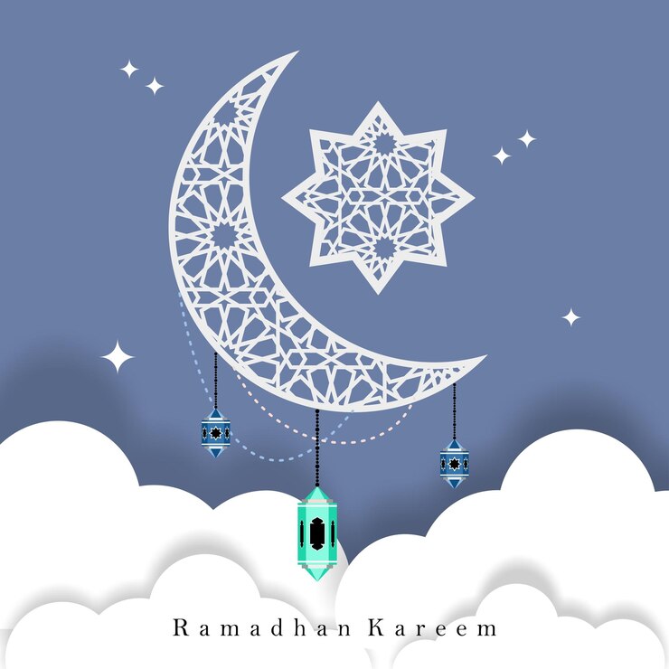 Vector ramadan kareem greeting card with a crescent moon and stars.