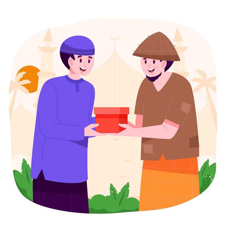 Vector ramadan kareem mubarak happy moslem family man giving food or gift to poor people