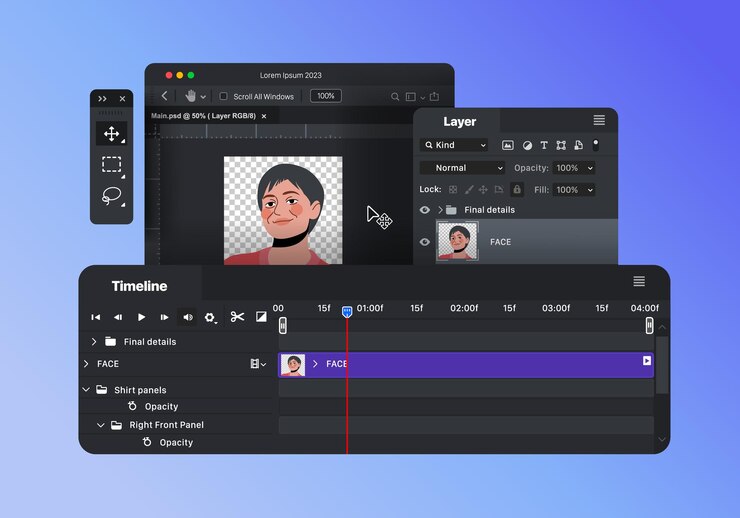 Vector raster graphics editor toolbar software for creating retouching and digital art timeline panel