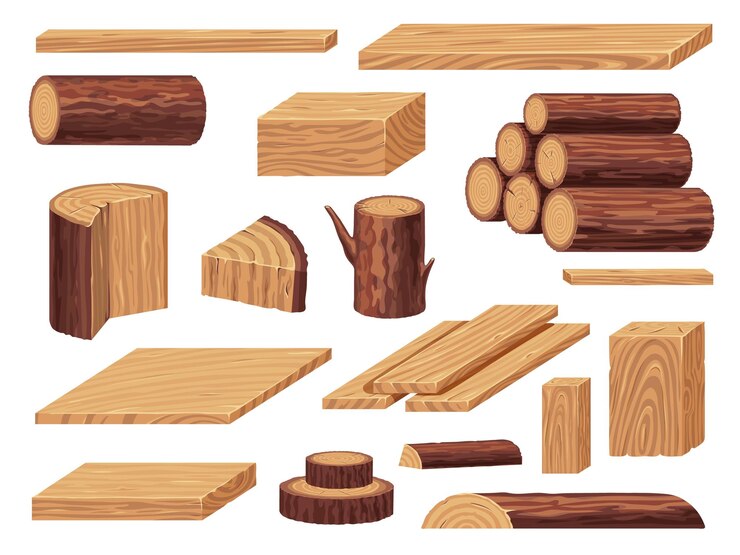 Vector raw wood materials lumber pile of logs tree trunks branches pile of cut pieces of hardwood for carpentry sawmill industry vector isolated set