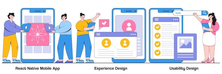 Vector react native mobile app, experience design, usability testing concept with tiny people. mobile app development process abstract vector illustration set. user interface, software architecture metaphor.