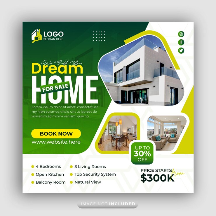Vector real estate agency advertising social media banner square flyer template dream home for sale poster