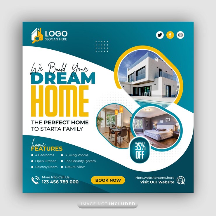 Vector real estate agency advertising social media banner square flyer template dream home for sale poster
