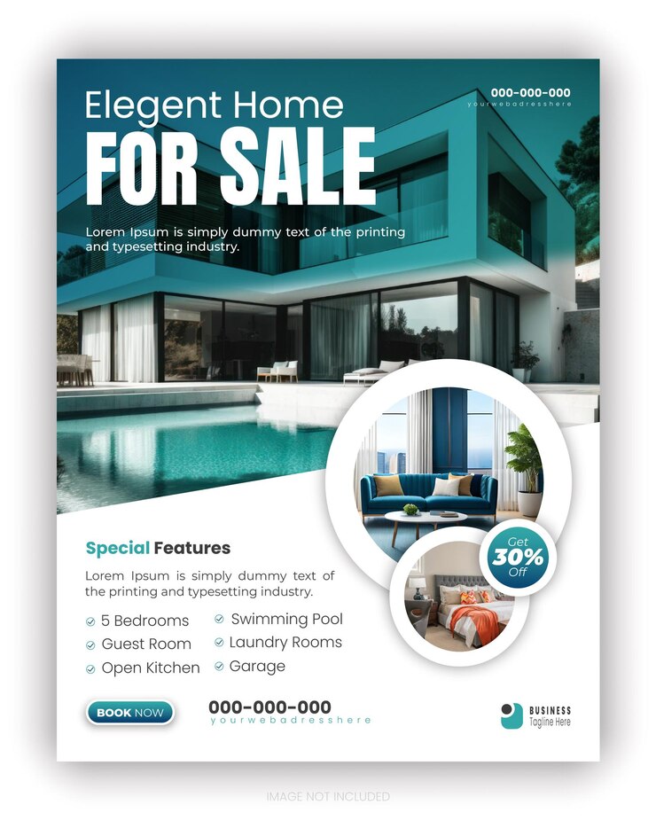 Vector real estate property promotion flyer design elegant house for sale in abstract green colorful shape