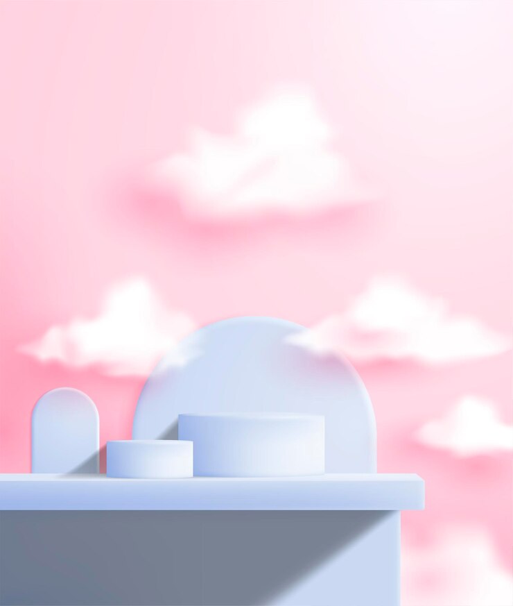 Realistic 3d podium product in pastel colours surrounded by white clouds