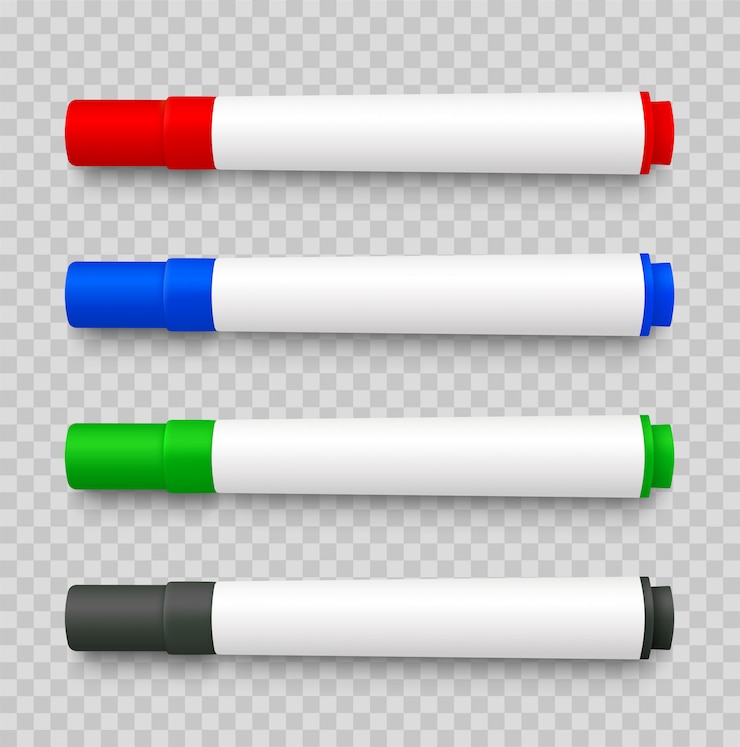 Vector realistic 3d set of marker pens, red, green, yellow, black on transparent