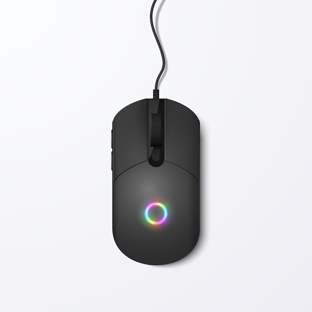 realistic black computer mouse with colorful neon glowing circle isolated on a light background