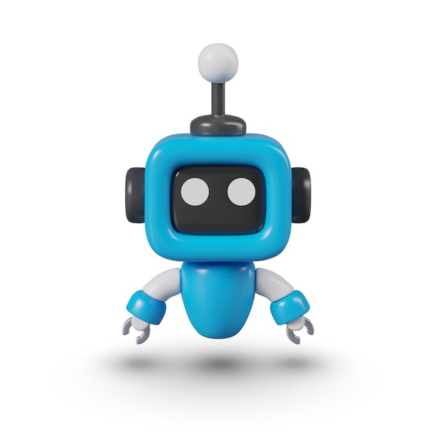 Realistic blue mini robot Droid in air Funny mechanical assistant on white background