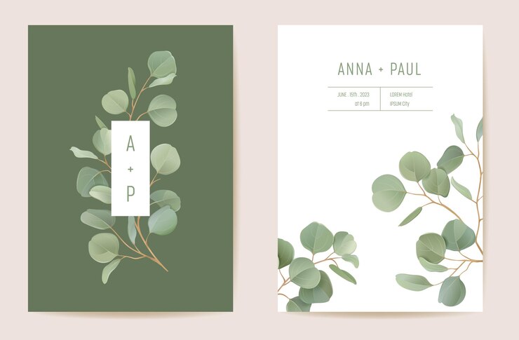 Vector realistic botanical wedding invitation card template design, leaves greenery frame set. eucalyptus, green leaf branches watercolor minimal vector. save the date modern poster, trendy luxury background