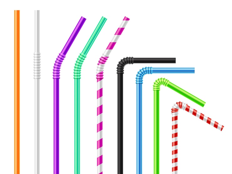 Vector realistic color drinking straw plastic bendy pipes for cold beverages flexible paper bar liquid sucking accessories disposable tubes for juice or soda vector cocktail tools set
