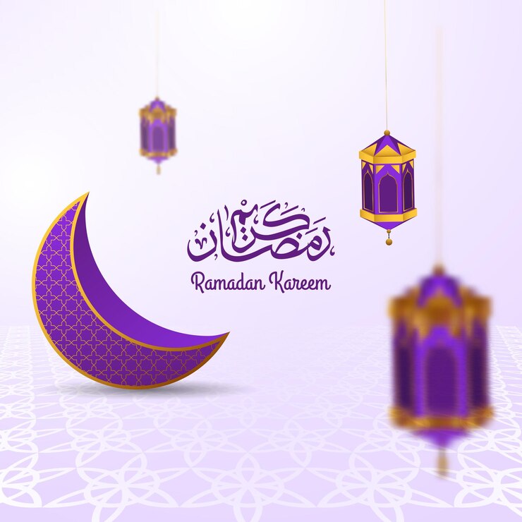 Vector realistic crescent and islamic lantern in purple and gold color for ramadan kareem with arabic calligraphy islamic background