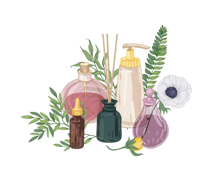 Vector realistic decorative composition with perfume and cosmetics in glass flasks, incense sticks and blooming flowers on white
