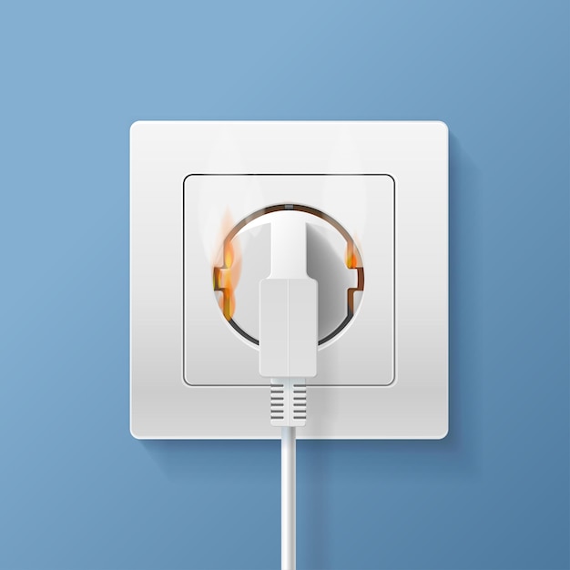 Realistic Detailed 3d Plugs inserted in Electrical Outlet with Fire Symbol of Damage on a Blue Background Vector illustration