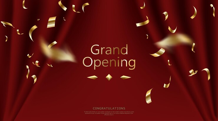 Realistic grand opening invitation with red curtains and golden confetti
